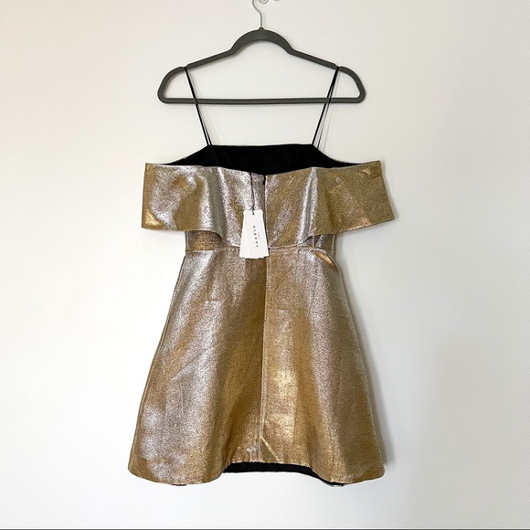NWT SANDRO Palacio Off-the-shoulder Mini Dress 1 Gold - Picture 5 of 8